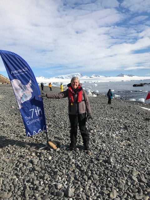 Person standing on a rocky shore in Antarctica, holding a flag that reads "The 7th Continent." Snowy mountains and glaciers are visible in the background.