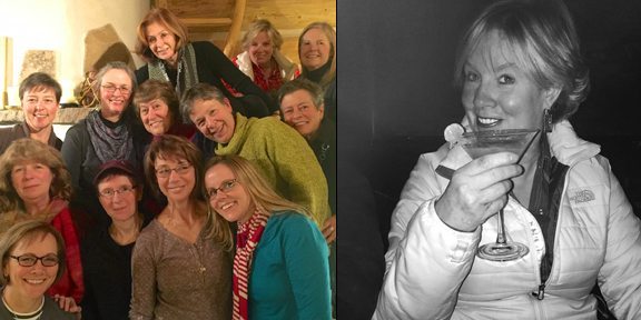 First night's Welcome Dinner & Orientation at AdventureWomen headquarters. (L) Leigh Jackson apres ski at group dinner - Plonk Wine Bar, Bozeman. (R)