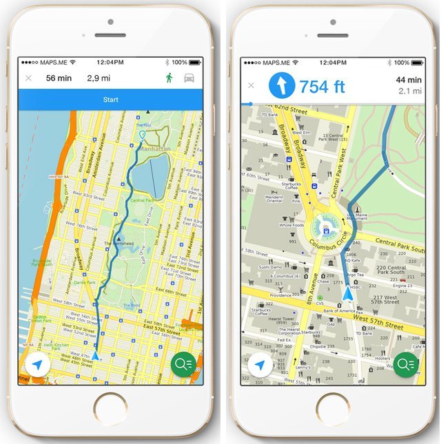 Two smartphone screens display navigation maps. The left screen shows a route in a city grid. The right screen highlights a circular route around a park area.