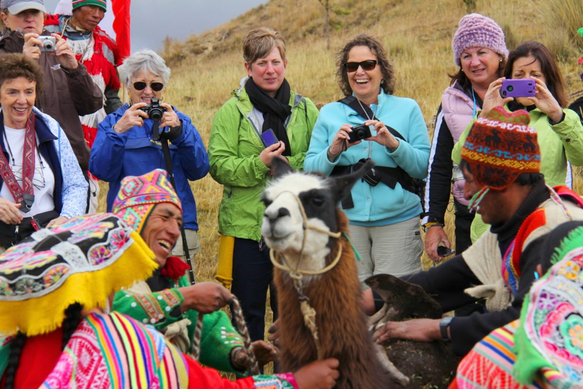 Group of people in colorful clothing gather around a llama in a field; some are taking photos.