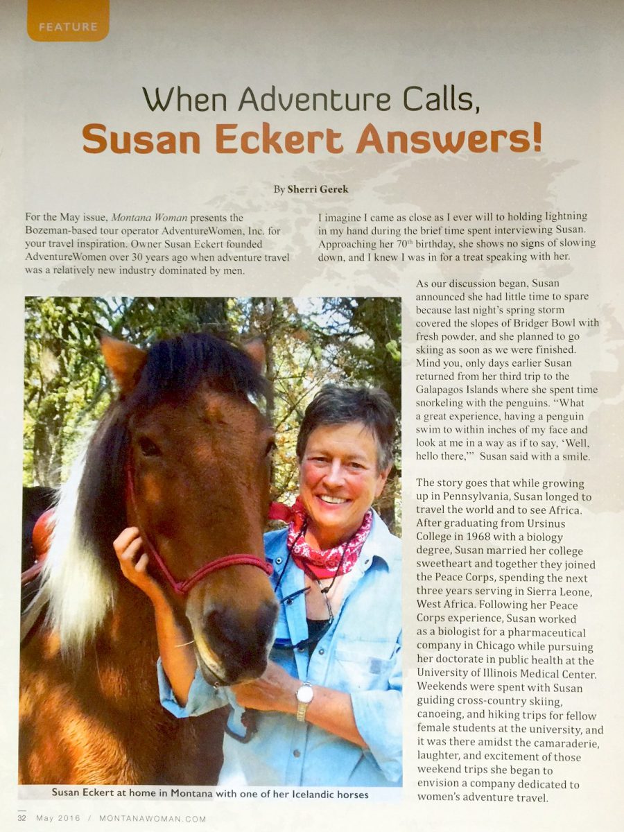 A woman smiles while holding a horse's bridle. The image is part of an article titled "When Adventure Calls, Susan Eckert Answers!" in a magazine.