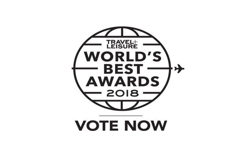 Logo for Travel + Leisure World's Best Awards 2018 featuring a globe design and the text "Vote Now.