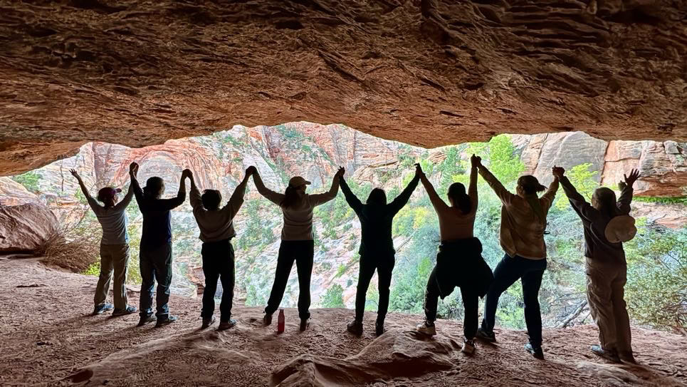 Silhouetted group of people holding hands inside a cave with rocky terrain and greenery visible outside.