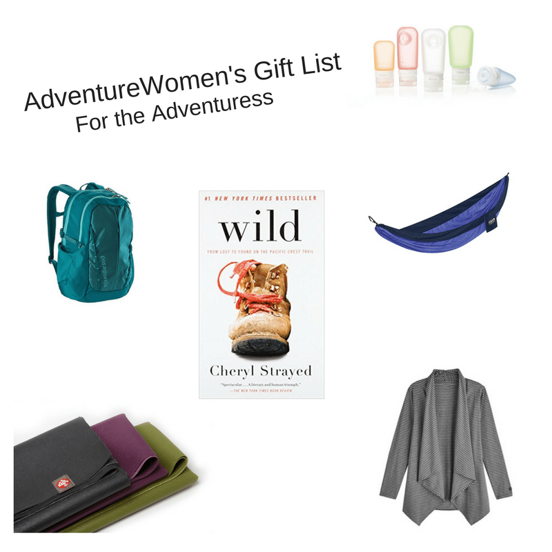 A collage featuring a backpack, a hammock, a travel bottle set, a book titled "Wild" by Cheryl Strayed, a yoga mat, and a gray cardigan. The title reads "AdventureWomen's Gift List.