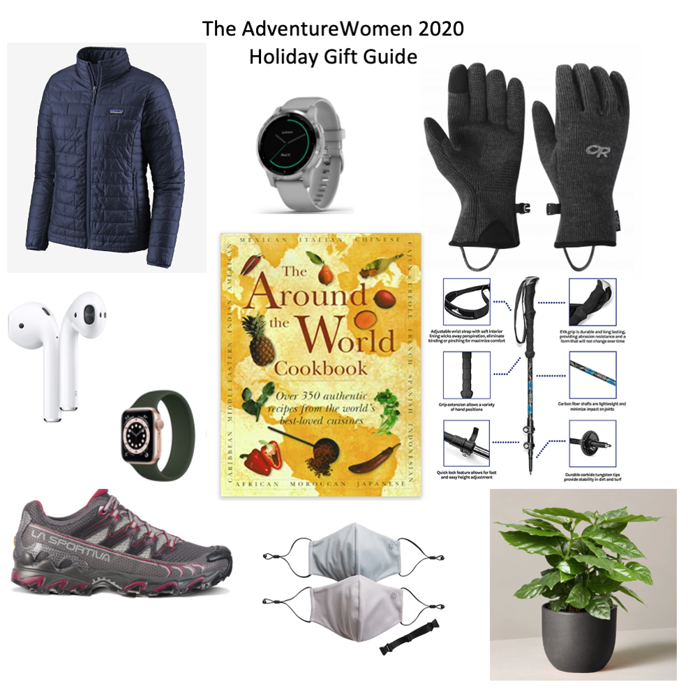 A holiday gift guide collage including a jacket, smartwatch, gloves, cookbook, wireless earbuds, running shoes, smartwatch, masks, plant, and carabiners.