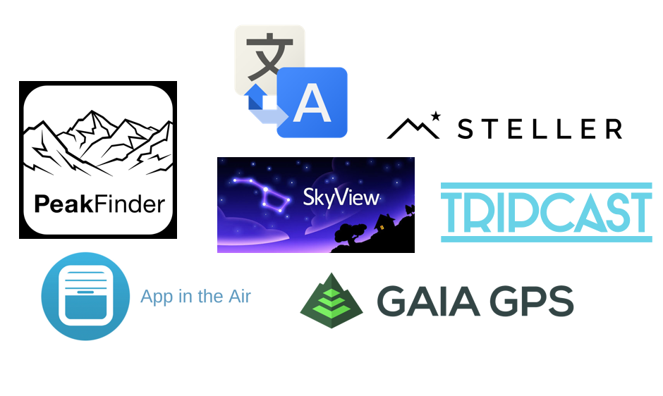 Logos of various apps including PeakFinder, Google Translate, Steller, SkyView, Tripcast, App in the Air, and Gaia GPS.