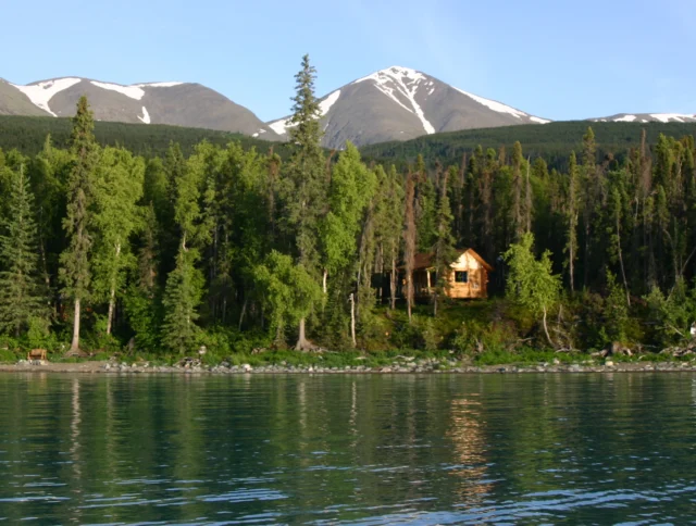 A wooden cabin nestled among trees on a lakeshore with mountains in the background.