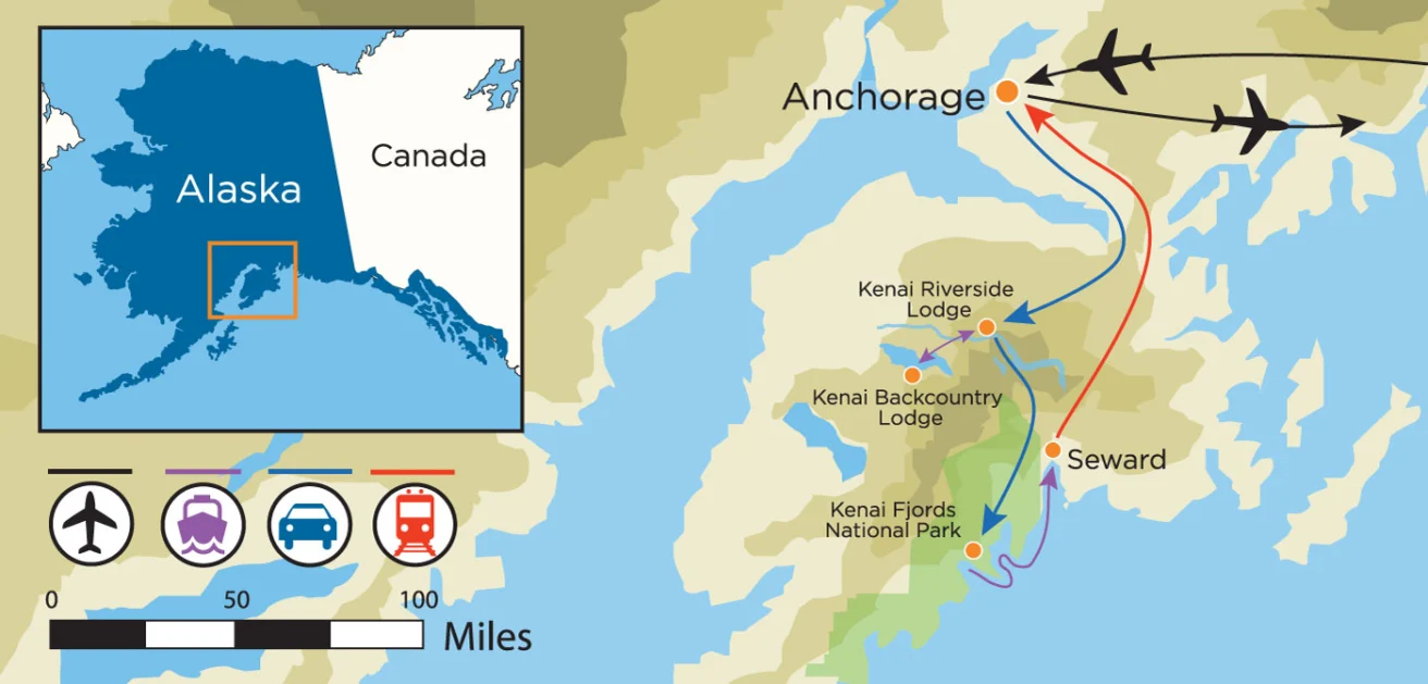 Map of Alaska showing travel routes by air, car, and train between Anchorage, Kenai Riverside Lodge, Kenai Backcountry Lodge, Kenai Fjords National Park, and Seward. Includes a scale bar.