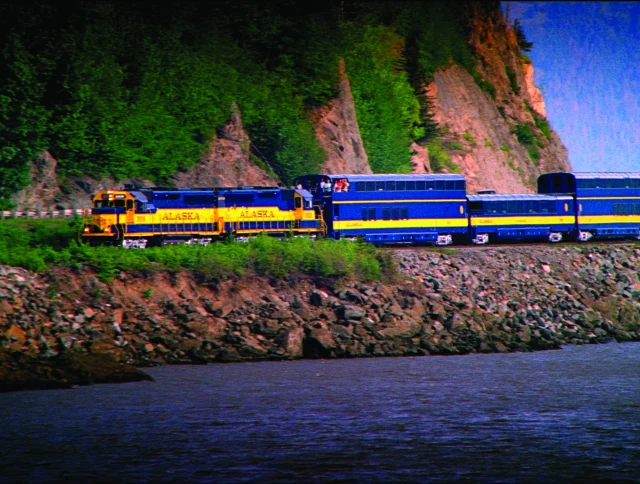 A blue and yellow train travels along a rocky coastline with forested cliffs in the background.