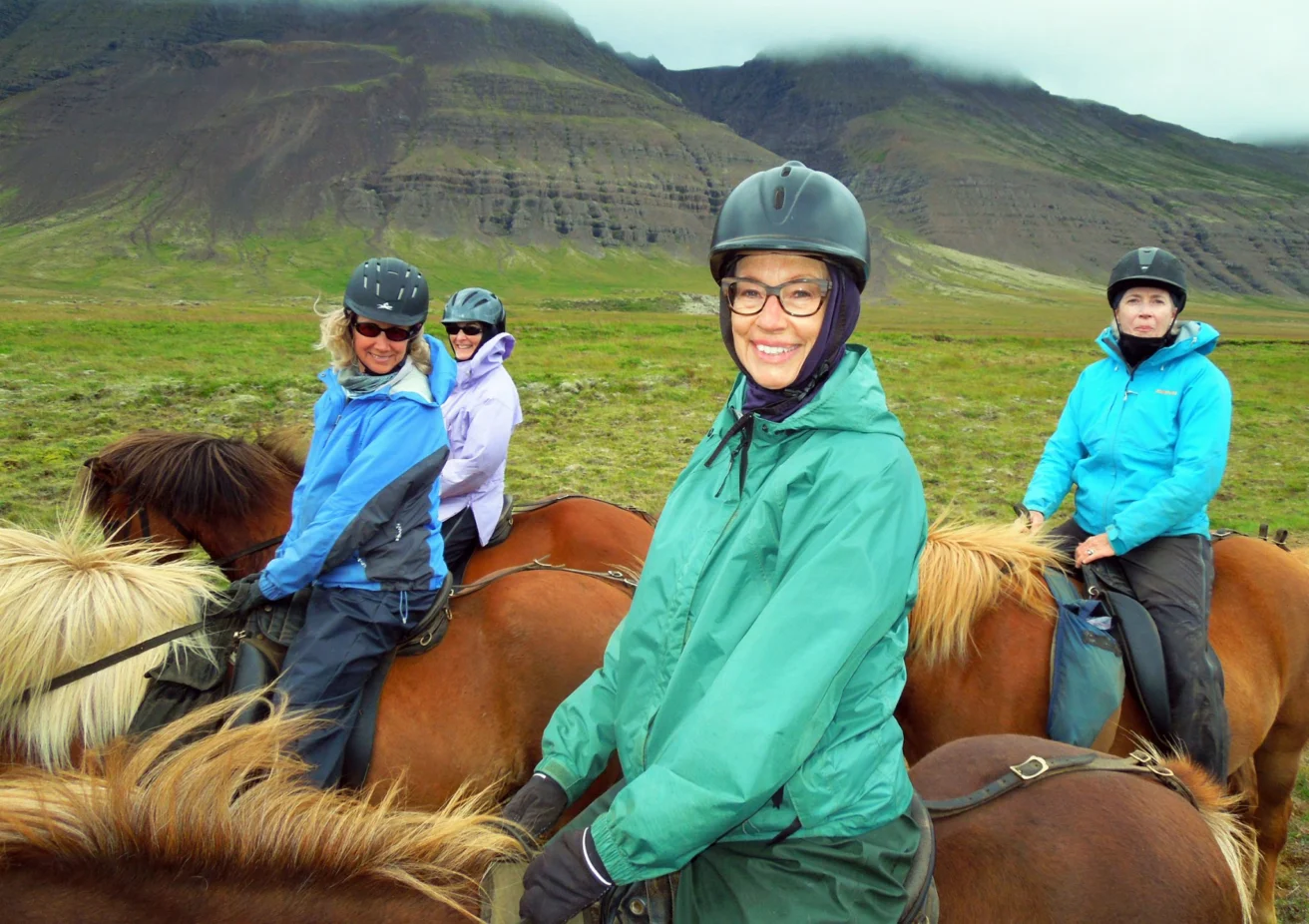 Four people riding horses in a grassy landscape with mountains in the background, all wearing helmets and outdoor jackets.