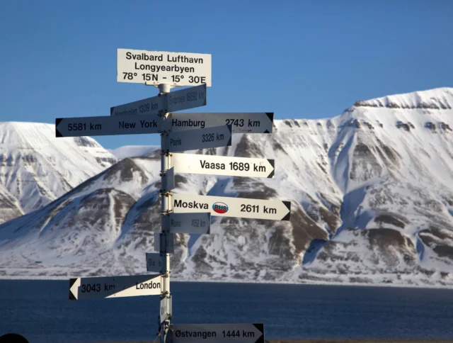 Signpost in a snowy landscape shows distances to major cities like New York, Hamburg, Paris, and Moscow. Mountains and water are visible in the background.