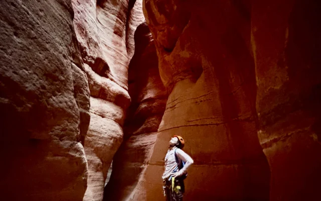 Person standing in a narrow, tall red rock canyon, looking up at the light above.