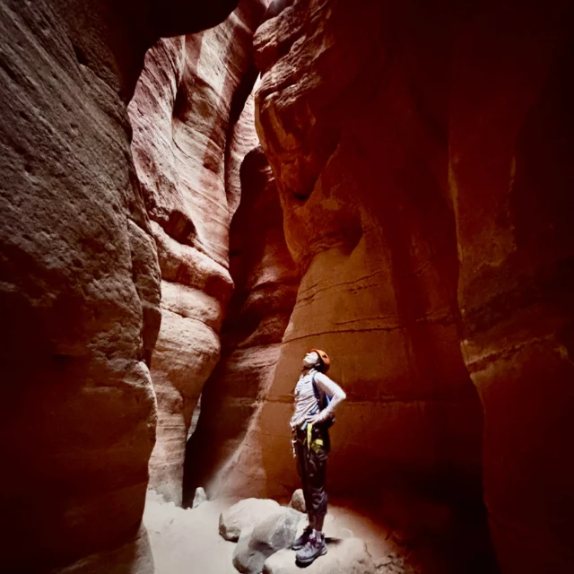Person standing in a narrow, tall red rock canyon, looking up at the light above.