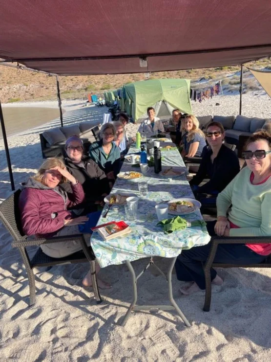 A group of people seated at a table under a canopy on a sandy beach, with tents and camping gear in the background.