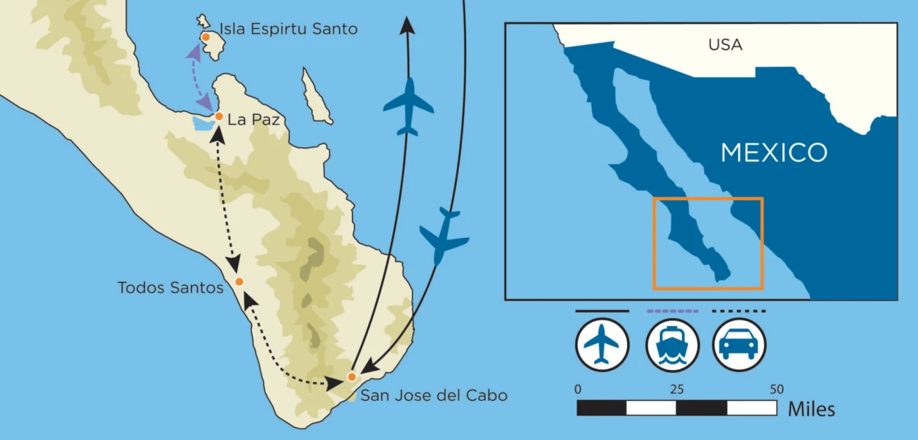 Map of Baja California Sur, Mexico, showing travel routes by air and road between La Paz, Todos Santos, and San Jose del Cabo. Inset displays the region's location in North America.