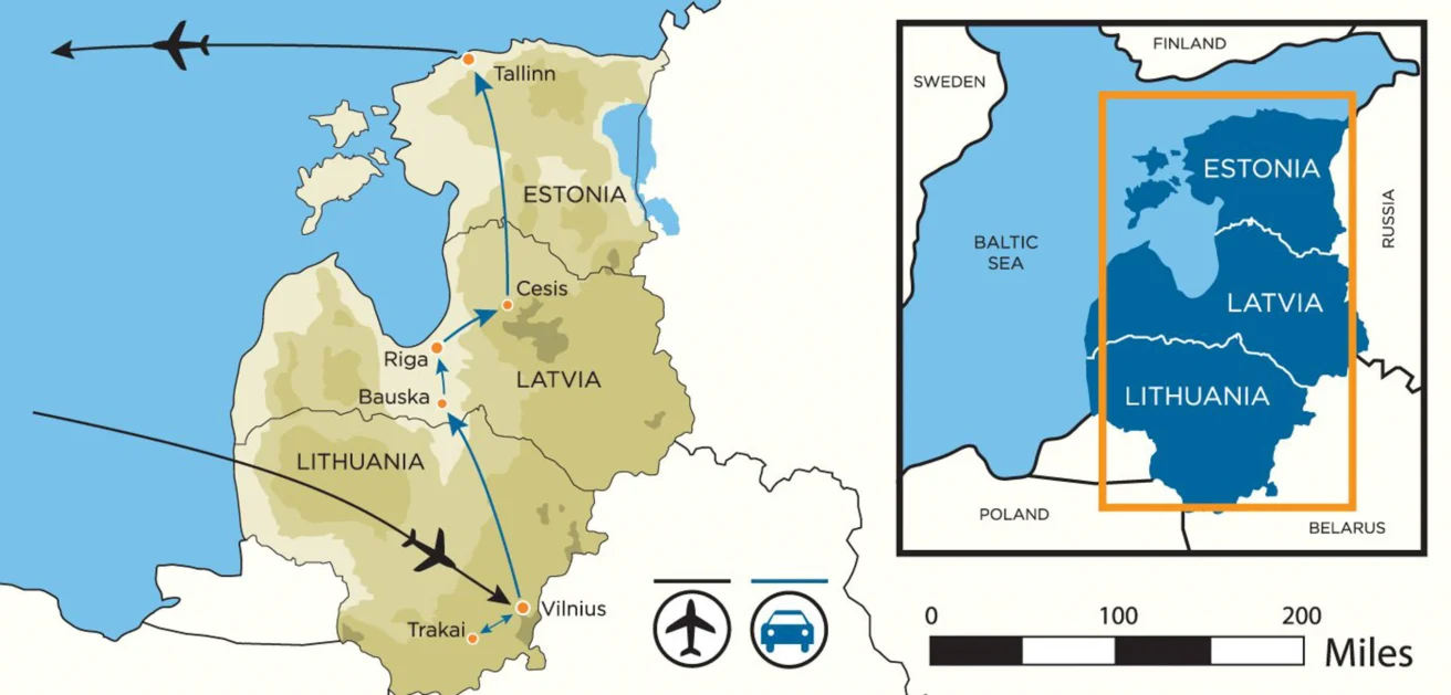 Map showing air travel routes across Estonia, Latvia, and Lithuania. Inset map highlights the Baltic region.