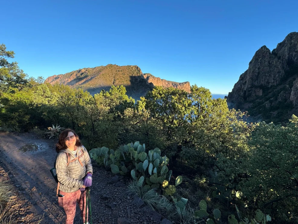 A person stands on a trail surrounded by greenery and cacti, with mountains in the background under a clear blue sky.