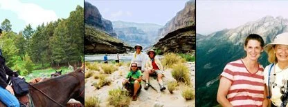 A person riding a horse, a group sitting in a canyon, and two people posing in front of mountain scenery.