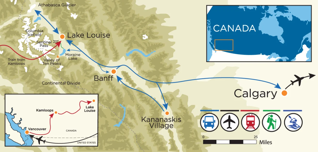 Map showing travel routes to Banff, Lake Louise, and Kananaskis Village from Vancouver and Calgary via plane, train, and car. Insets display the location in Canada and a detailed route from Vancouver.