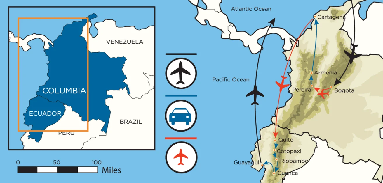 Map of Colombia highlighting transportation options: airplane, car, and ship, with proximity to Venezuela, Brazil, and oceans. Major cities include Bogota and Cartagena.