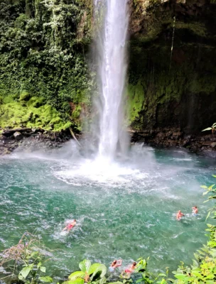 A waterfall cascades into a turquoise pool surrounded by lush greenery, with several people swimming near the base.
