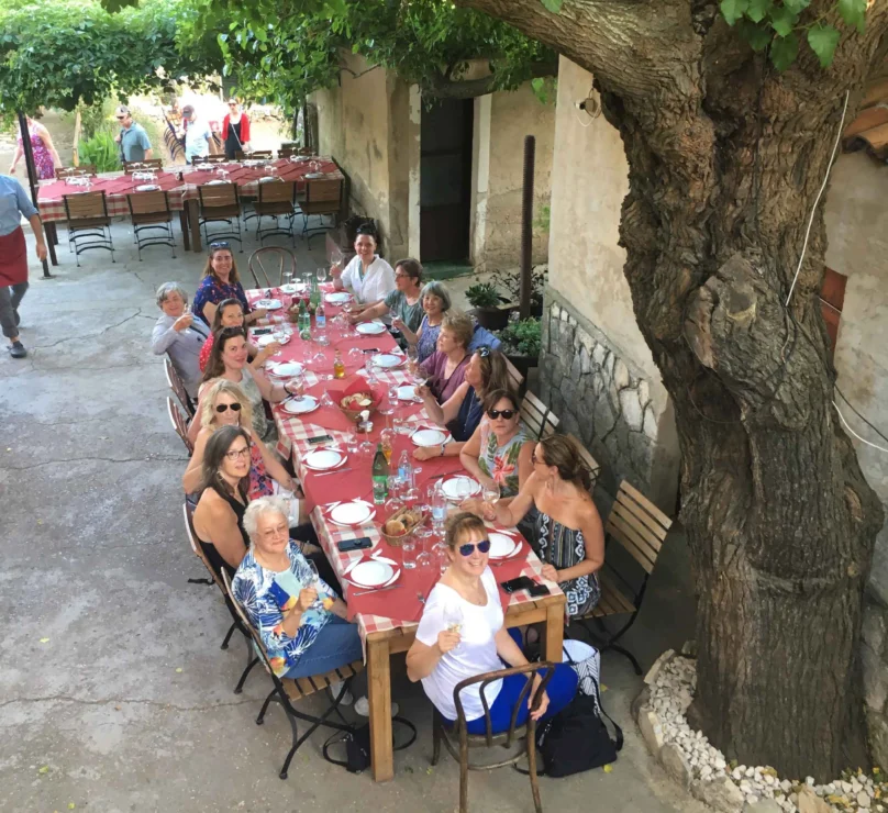 A group of people sitting at a long outdoor table with red tablecloths, set for a meal under a tree. Plates and glasses are arranged in front of each person.