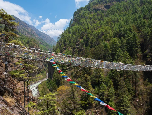 Suspension bridge with colorful prayer flags spans a forested valley with mountains in the background.