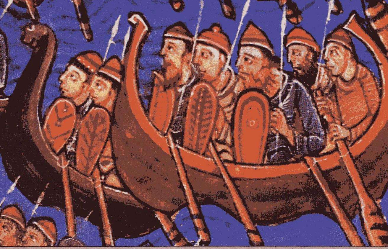 Medieval illustration of Viking warriors rowing a longboat, wearing helmets and holding shields, set against a blue background.