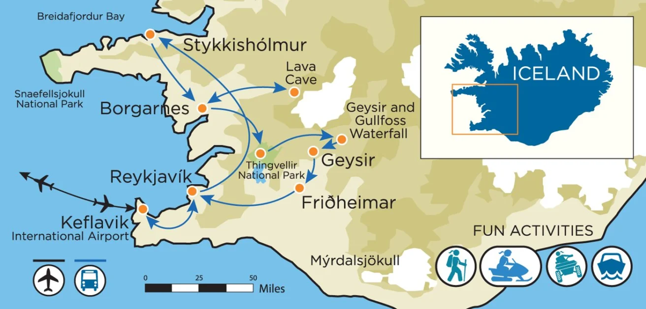 Map of western Iceland highlighting locations like Reykjavik, Stykkishólmur, Keflavik, and attractions such as Geysir and Gullfoss Waterfall with icons for fun activities.