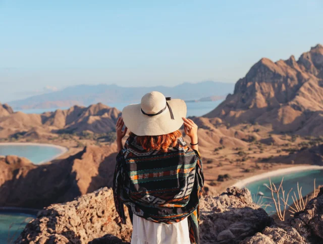 A person in a hat and shawl stands on a rocky overlook, gazing at a scenic landscape of mountains and winding bays under a clear sky.