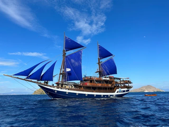A large sailboat with blue sails is sailing on the ocean under a clear blue sky. An island is visible in the background.