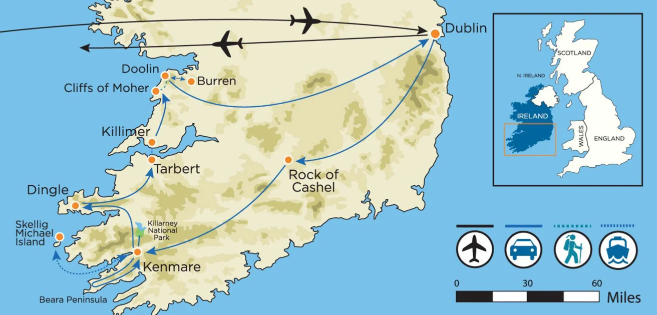 Map of Ireland with travel routes marked. Destinations include Doolin, Cliffs of Moher, Burren, Killimer, Tarbert, Dingle, Skellig Michael, Kenmare, Killarney, and Rock of Cashel.