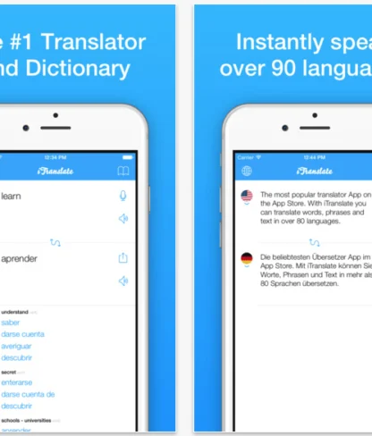 A smartphone app interface displays translation features with text stating it supports over 90 languages.