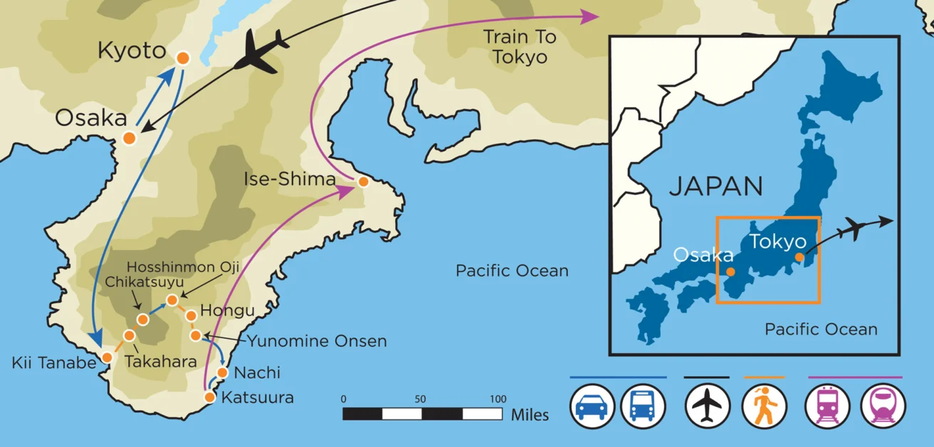 Map of Japan showing travel routes between Osaka, Kyoto, and Tokyo by train and plane, with additional locations marked such as Ise-Shima and Nachi. Includes a legend for transportation modes.