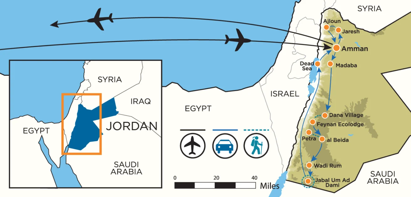 Map illustrating a flight path from Amman to Aqaba in Jordan, marked with an airplane icon. The map includes labeled cities, a compass, and a scale bar. Jordan is highlighted in green.