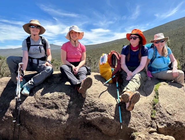 Four people in hiking attire sit on a large rock, holding trekking poles. They wear hats and sunglasses, with two backpacks visible. The background features a clear sky and a mountain landscape.