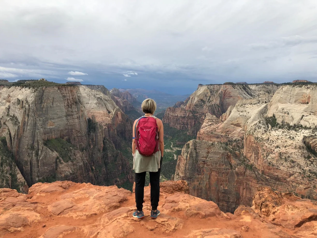 A person with a red backpack stands at the edge of a cliff, overlooking a vast canyon under a cloudy sky.