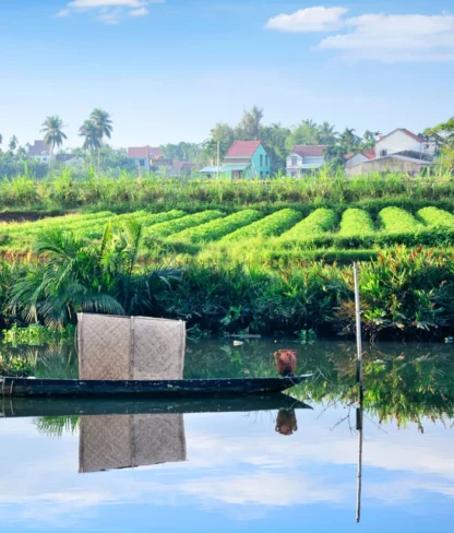 A small boat floats on a calm river next to lush green fields with houses and palm trees in the background under a clear blue sky.