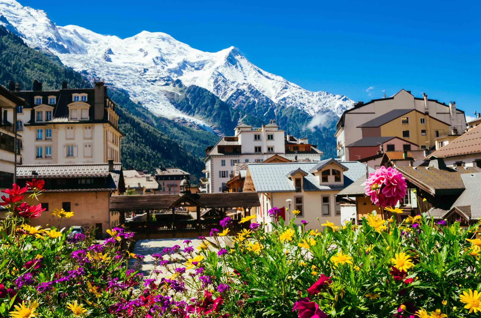 A vibrant village with colorful flowers in the foreground, surrounded by buildings, and snow-capped mountains under a clear blue sky in the background.