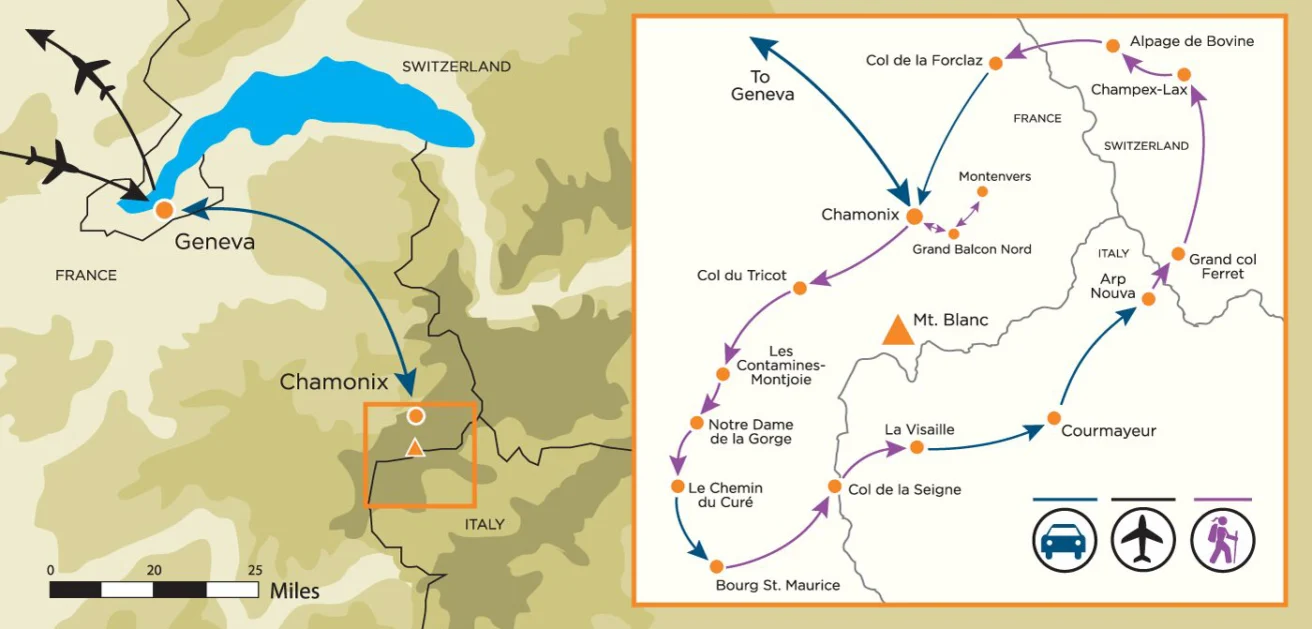 Map showing routes from Geneva to Chamonix with insets detailing hiking paths around Mont Blanc, including travel modes by plane, car, and hiking trails through Switzerland, France, and Italy.