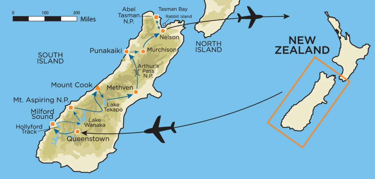 Map of New Zealand highlighting locations such as Mount Cook, Queenstown, Lake Tekapo, and Milford Sound. Airplane icons indicate flight paths, with insets of North and South Islands.