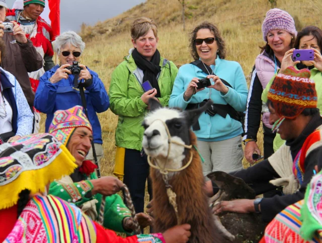 People in colorful clothes and tourists with cameras gather around a llama in an outdoor setting.