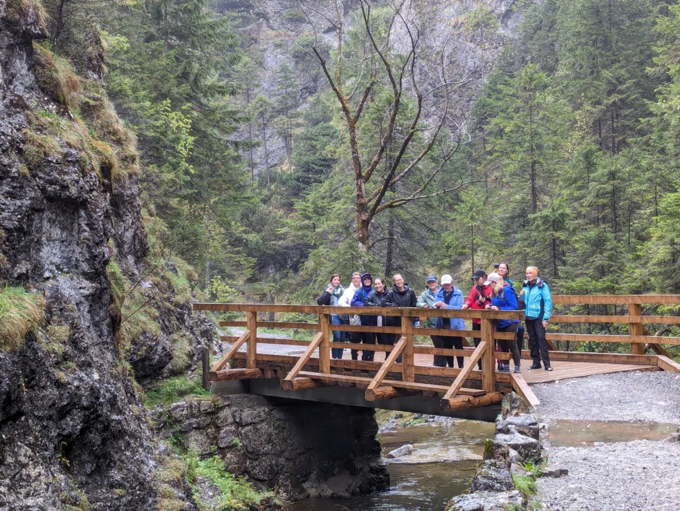 A group of people stands on a wooden bridge over a stream in a forested area with rocky cliffs nearby.