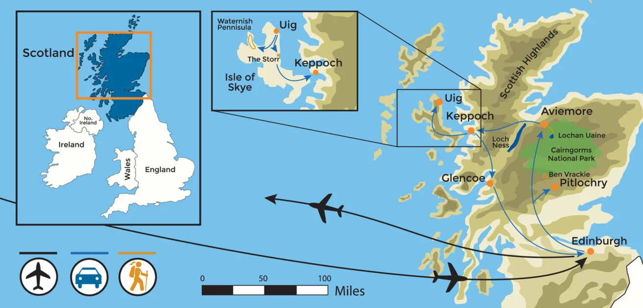 Map showing flight routes from Edinburgh to Uig, Keppoch, and a zoomed-in view of the Isle of Skye, with notable landmarks in Scotland including Glencoe and Cairngorms National Park.