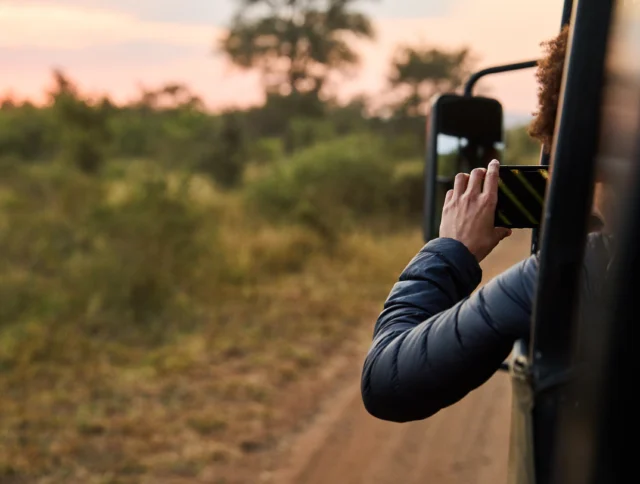 Person taking a photo of the landscape from a vehicle, with sunset in the background and trees visible on the horizon.