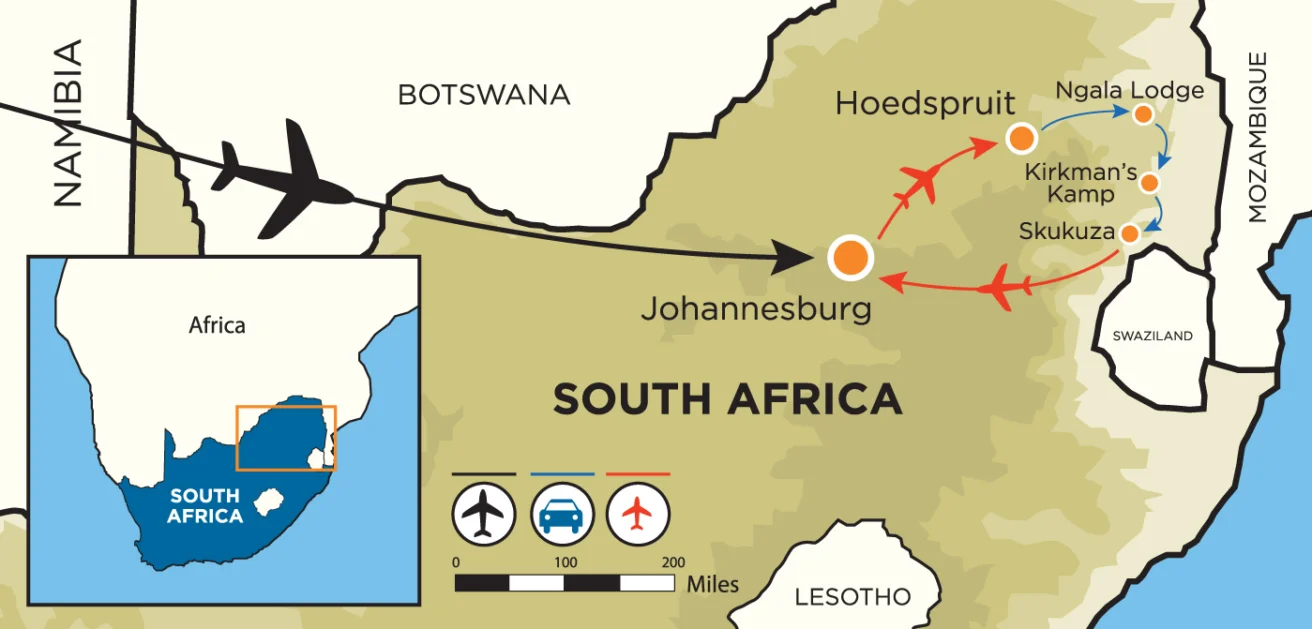 Map showing locations from Johannesburg to Hoedspruit, Ngala Lodge, Kirkman’s Kamp, and Skukuza in South Africa, with travel routes and modes indicated.