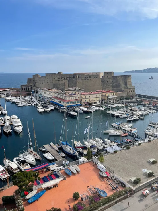 Aerial view of a marina with docked boats and a historic fortress in the background, set against a coastal backdrop under a clear sky.