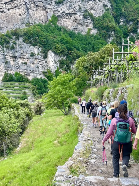 A group of hikers with backpacks and trekking poles walks along a narrow, rocky path beside terraced fields and lush greenery, with steep cliffs in the background.