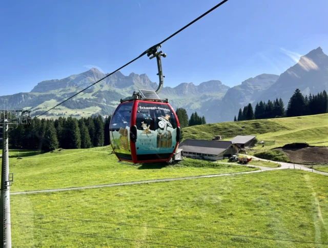 A red cable car travels over a grassy landscape with mountains in the background.