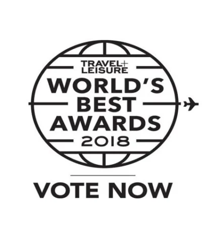 Logo for Travel + Leisure World's Best Awards 2018 featuring a globe design and the text "Vote Now.